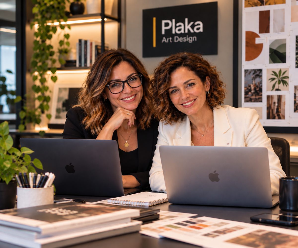 As duas sócias fundadoras da Plaka Art Design sorrindo no estúdio, com notebooks e amostras de cores sobre a mesa